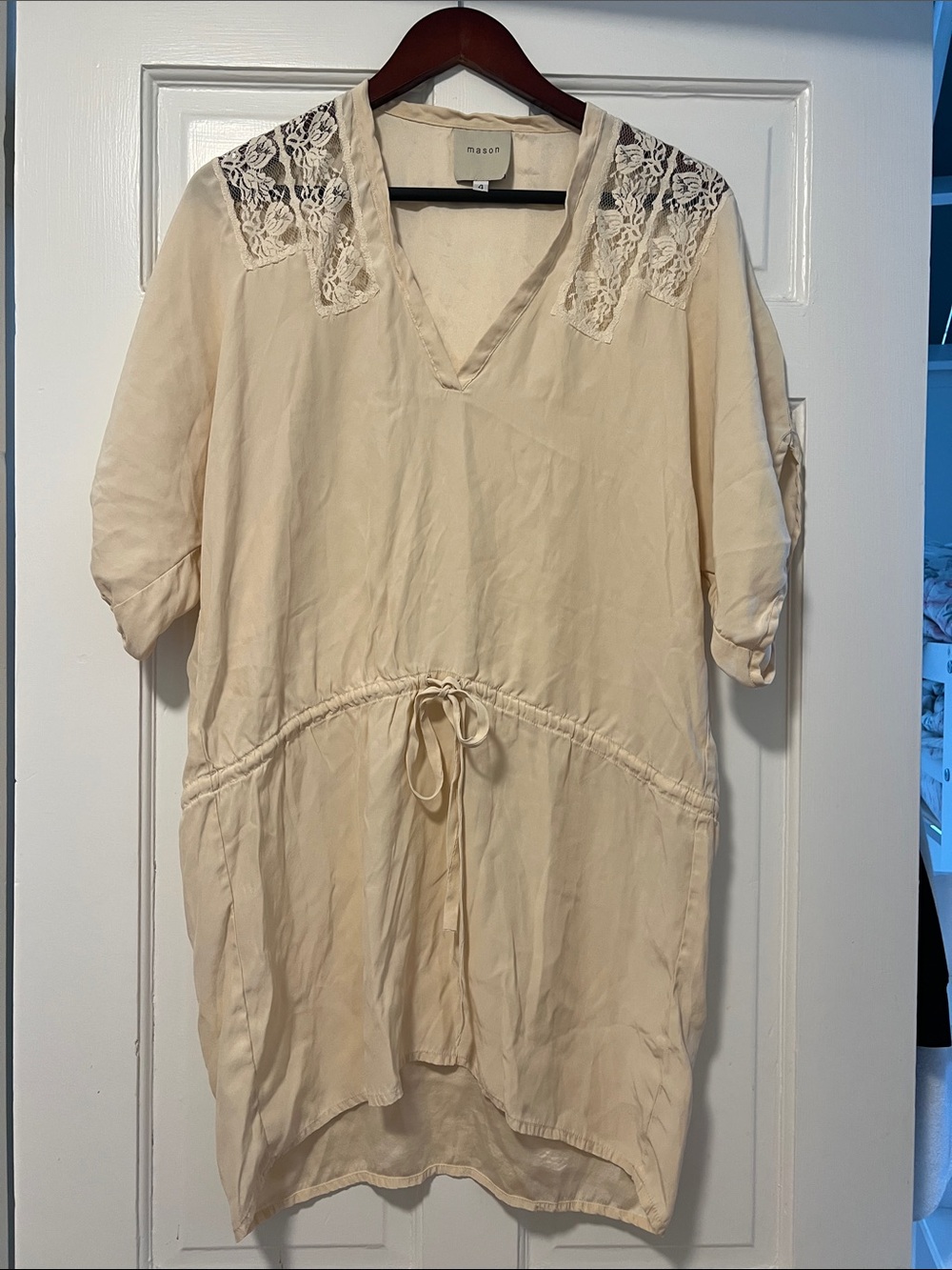 Mason Cream Lace-Shoulder V-Neck Drawstring Tunic